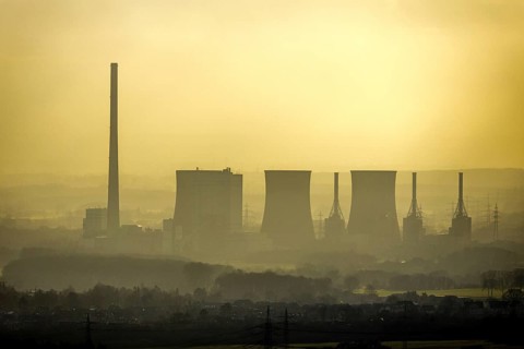 Aerial view of RWE Power AG power plant Gersteinwerk in backlight in Hamm, Ruhr area, North