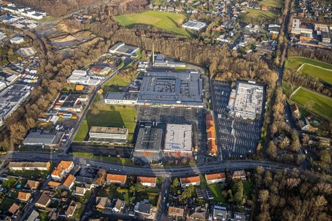Aerial view commercial centre and Kaufland and shopping markets Römerstraße in Hamm, Ruhr area,