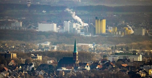 Aerial view of St. Pancratius Church with view to the harbour in Hamm, Ruhr area, North