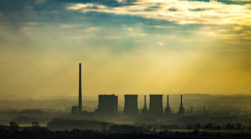 Aerial view of RWE Power AG power plant Gersteinwerk in backlight in Hamm, Ruhr area, North