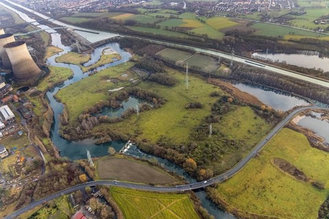 Aerial view of the nature reserve Am Tibaum, river Lippe meander and Datteln-Hamm canal, water weir