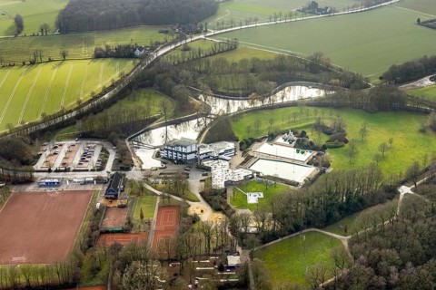 Aerial view Hotel Selbachpark with outdoor pool Selbachpark, Hamm, Ruhr area, North