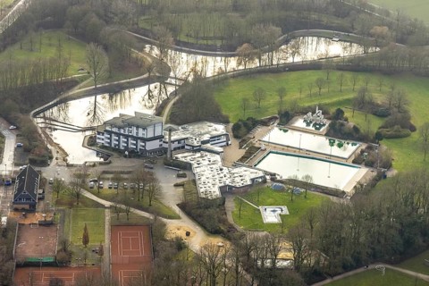 Aerial view Hotel Selbachpark with outdoor pool Selbachpark, Hamm, Ruhr area, North