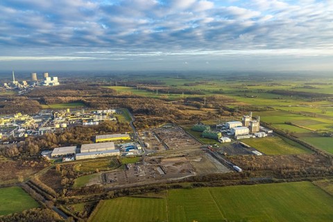 Aerial view Trianel gas power plant Hamm with construction site for Douglas distribution centre and