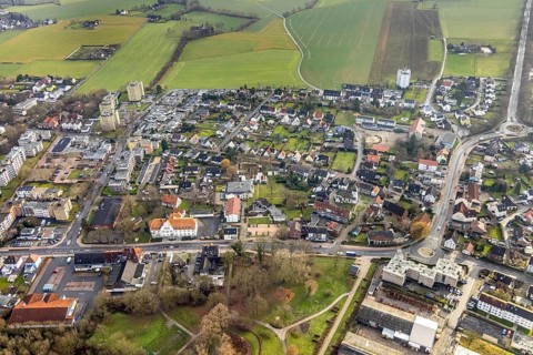 Aerial view, town view and town hall Bürgeramt Pelkum in Hamm, Ruhr area, North Rhine-Westphalia,