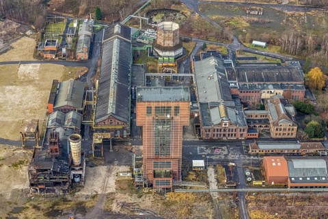 Aerial view with hammerhead tower in Ost Zeche Heinrich Robert colliery, CreativRevier in