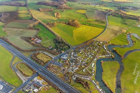 Aerial view motorway A2 with motorway junction Hamm-Uentrop and planned industrial area Westfalen