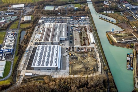 Aerial view Goldbeck concrete elements at the Datteln-Hamm Canal in Hamm, Ruhr area, North