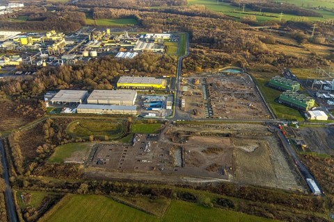 Aerial view construction site for Douglas distribution centre in the district Uentrop in Hamm, Ruhr