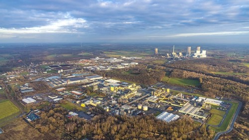 Aerial view DuPont and DuBay Polymer GmbH and Goldbeck Betonelemente and RWE power plant Westfalen
