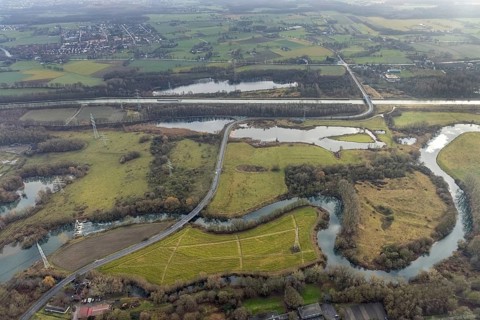 Aerial view of the nature reserve Am Tibaum, river Lippe meander and Datteln-Hamm canal, water weir