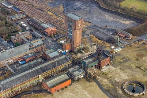 Aerial view with hammerhead tower in Ost Zeche Heinrich Robert colliery, CreativRevier in