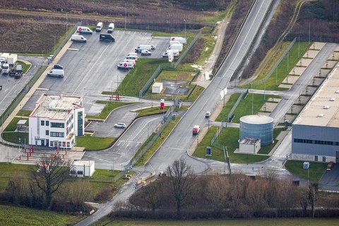 Aerial view of the road narrowing for trucks at the DPD Hamm Depot 0159 and administration building