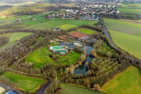 Aerial view Hotel Selbachpark with outdoor pool Selbachpark, Hamm, Ruhr area, North