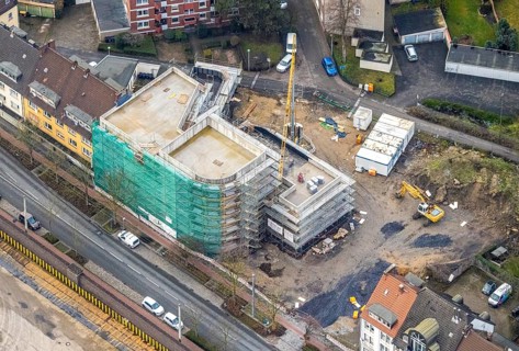 Aerial view new building site Wilhelmstraße district centre in Hamm, Ruhr area, North