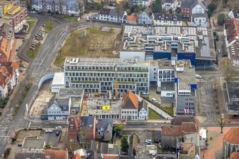 Aerial view construction site Widumstraße with demolition for new WA office building, Westfälischer