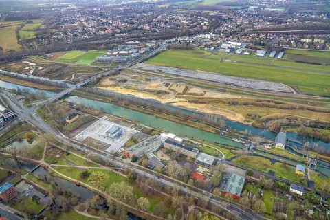 Aerial view construction area new water sports centre on Adenauerallee at Hammonense grammar school