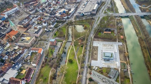 Aerial view construction area new water sports centre on Adenauerallee at Hammonense grammar school