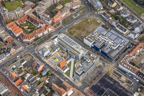 Aerial view construction site Widumstraße with demolition for new WA office building, Westfälischer