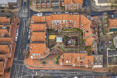 Aerial view residential complex Antoniastraße corner Oststraße with outdoor catering in Hamm, Ruhr
