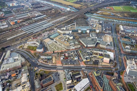 Aerial view city centre view commercial buildings Bahnhofstraße in Hamm, Ruhr area, North