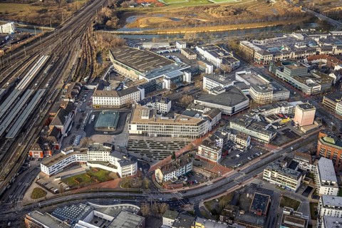Aerial view Hamm main station with city centre view in Hamm, Ruhr area, North Rhine-Westphalia,