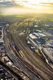 Aerial view shunting yard and freight yard in backlight in Hamm, Ruhr area, North Rhine-Westphalia,