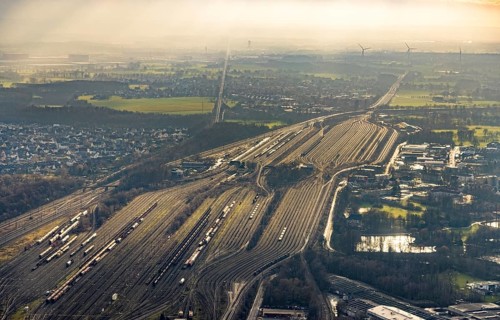 Aerial view shunting yard and freight yard in backlight in Hamm, Ruhr area, North Rhine-Westphalia,