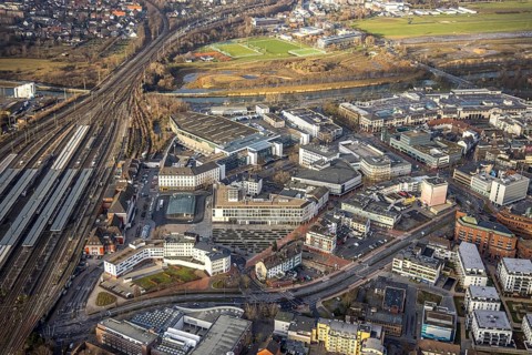 Aerial view Hamm main station with city centre view in Hamm, Ruhr area, North Rhine-Westphalia,