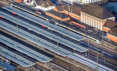 Aerial view Hamm main station in Hamm, Ruhr area, North Rhine-Westphalia, Germany, railway tracks,
