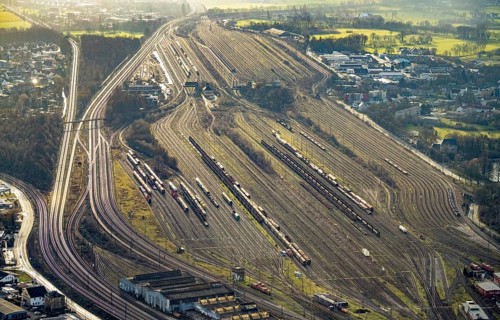 Aerial view shunting yard and freight yard in backlight in Hamm, Ruhr area, North Rhine-Westphalia,