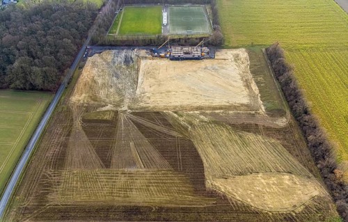 Aerial view open space and construction site football pitch club grounds of SV Westfalia Rhynern An