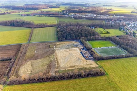 Aerial view open space and construction site football pitch club grounds of SV Westfalia Rhynern An