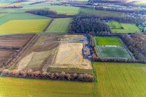 Aerial view open space and construction site football pitch club grounds of SV Westfalia Rhynern An