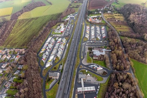 Aerial view motorway service area Rhynern-Nord and Rhynern-Süd on the A2 motorway, truck parking,
