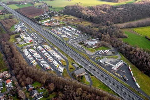Aerial view motorway service area Rhynern-Nord and Rhynern-Süd on the A2 motorway, truck parking,