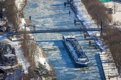 Aerial view, Werries Lock, Datteln-Hamm Canal, ice floes, snow, winter, inland waterway vessel,