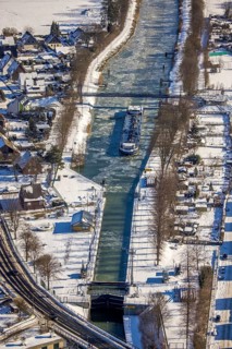 Aerial view, Werries Lock, Datteln-Hamm Canal, ice floes, snow, winter, inland waterway vessel,