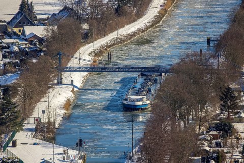 Aerial view, Werries Lock, Datteln-Hamm Canal, ice floes, snow, winter, inland waterway vessel,