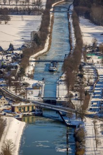 Aerial view, Werries Lock, Datteln-Hamm Canal, ice floes, snow, winter, inland waterway vessel,