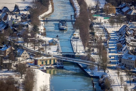 Aerial view, Werries Lock, Datteln-Hamm Canal, ice floes, snow, winter, inland waterway vessel,