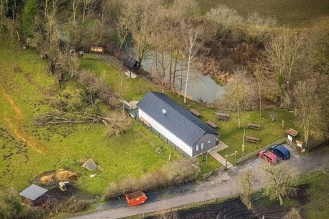 Aerial view of the nature lovers' hut Zum Eisernen Gustav in Hamm, Ruhr area, North