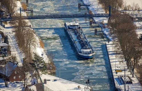 Aerial view, Werries Lock, Datteln-Hamm Canal, ice floes, snow, winter, inland waterway vessel,