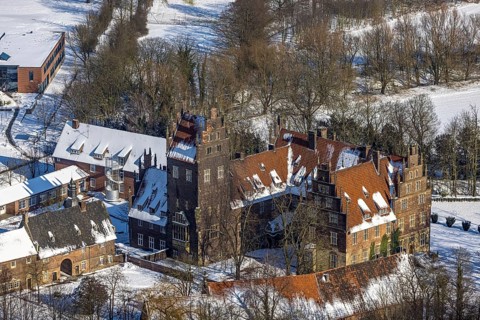 Aerial view, Heessen Castle in winter, country school, grammar school, boarding school, Heessen,