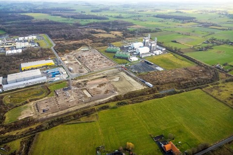 Aerial view Trianel gas power plant Hamm with construction site for Douglas distribution centre and
