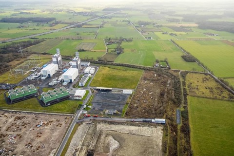 Aerial view Trianel gas-fired power plant Hamm with construction site for Douglas distribution