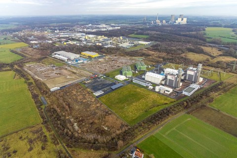Aerial view Trianel gas power plant Hamm with construction site for Douglas distribution centre and