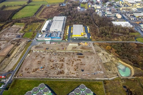 Aerial view construction site for Douglas distribution centre in Uentrop in Hamm, Ruhr area, North