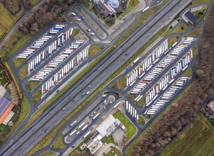 Aerial view motorway service area Rhynern-Nord and Rhynern-Süd on the A2 motorway, truck parking,