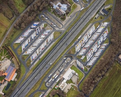 Aerial view motorway service area Rhynern-Nord and Rhynern-Süd on the A2 motorway, truck parking,